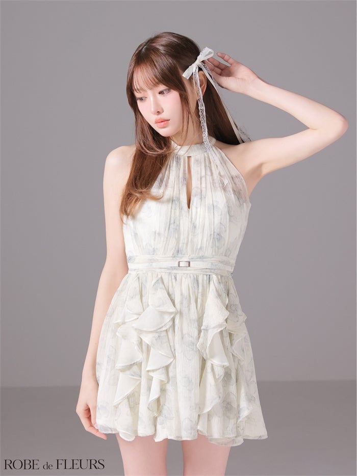 ROBE de FLEURS フリルミニドレス ROBE de FLEURS ローブドフルール 【XSサイズあり】フラワーシフォン