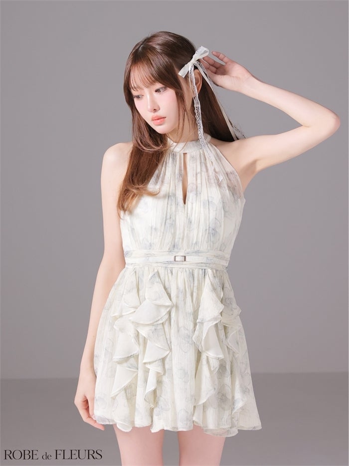 ROBE de FLEURS ローブドフルール 【XSサイズあり】フラワーシフォンホルターミニキャバドレス