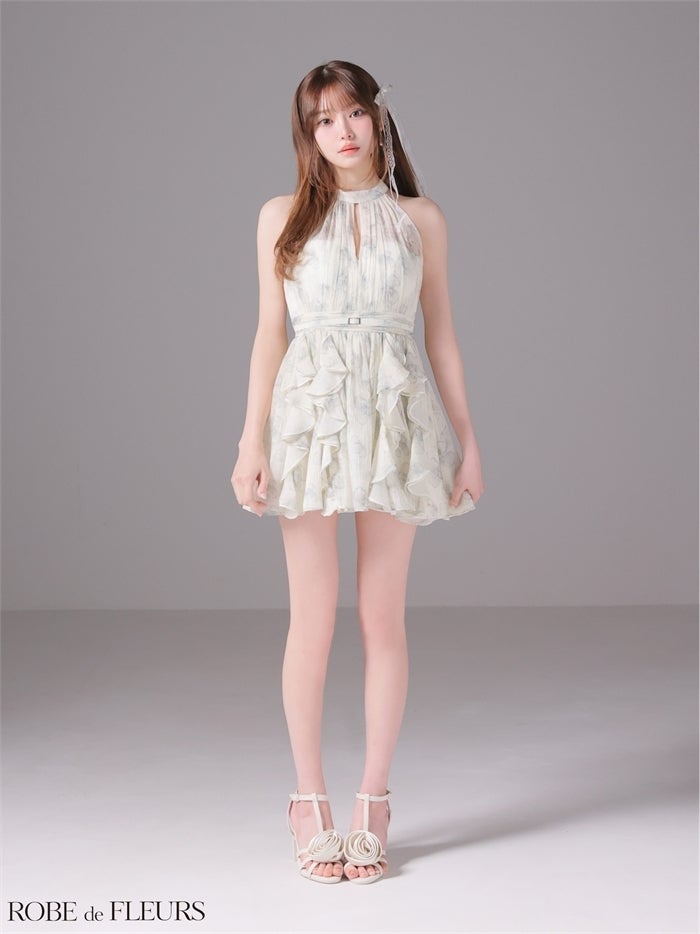 ROBE de FLEURS ローブドフルール 【XSサイズあり】フラワーシフォンホルターミニキャバドレス