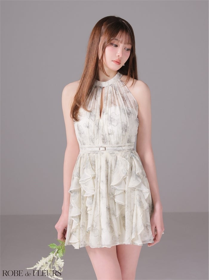 ROBE de FLEURS ローブドフルール 【XSサイズあり】フラワーシフォンホルターミニキャバドレス
