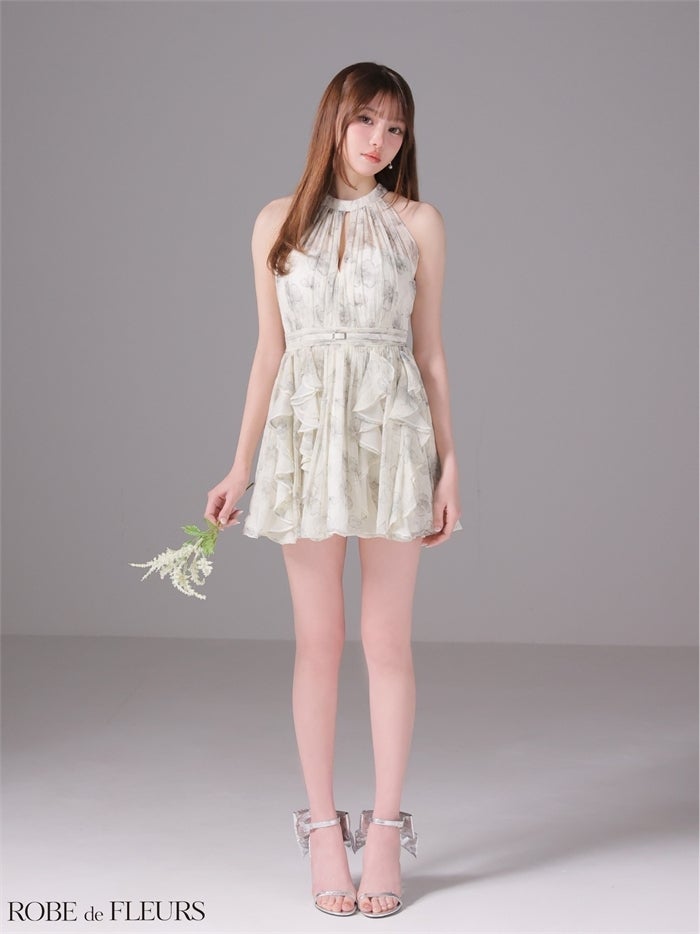 ROBE de FLEURS ローブドフルール 【XSサイズあり】フラワーシフォンホルターミニキャバドレス