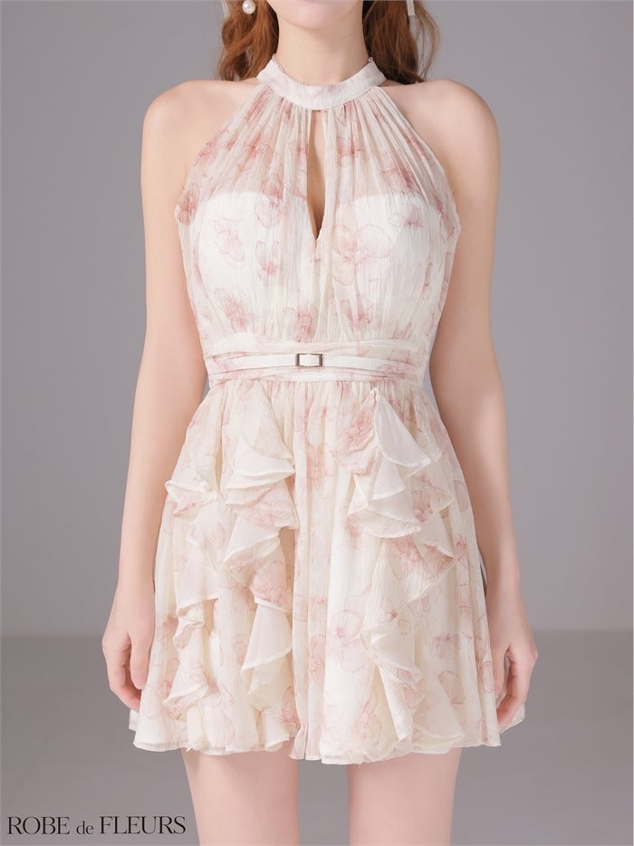 ROBE de FLEURS ローブドフルール 【XSサイズあり】フラワーシフォンホルターミニキャバドレス