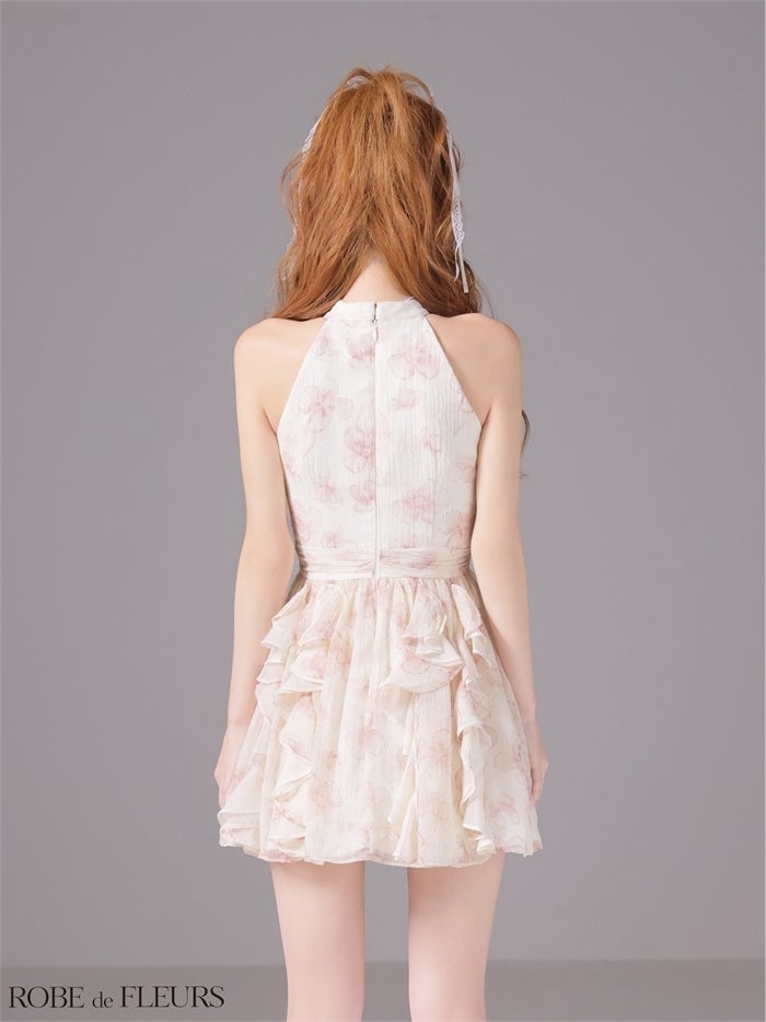 ROBE de FLEURS ローブドフルール 【XSサイズあり】フラワーシフォンホルターミニキャバドレス