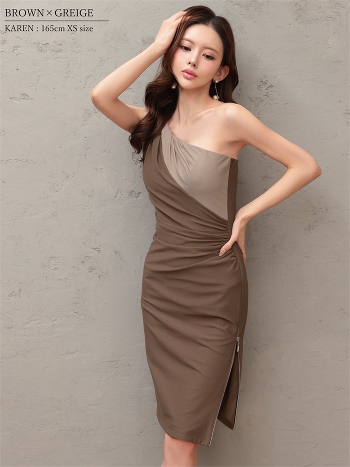 Veautt ヴュート ワンショルダー/ウエストタック/アシンメトリー/バイカラー/サイドファスナー/タイト/ミディアムドレス vt082603