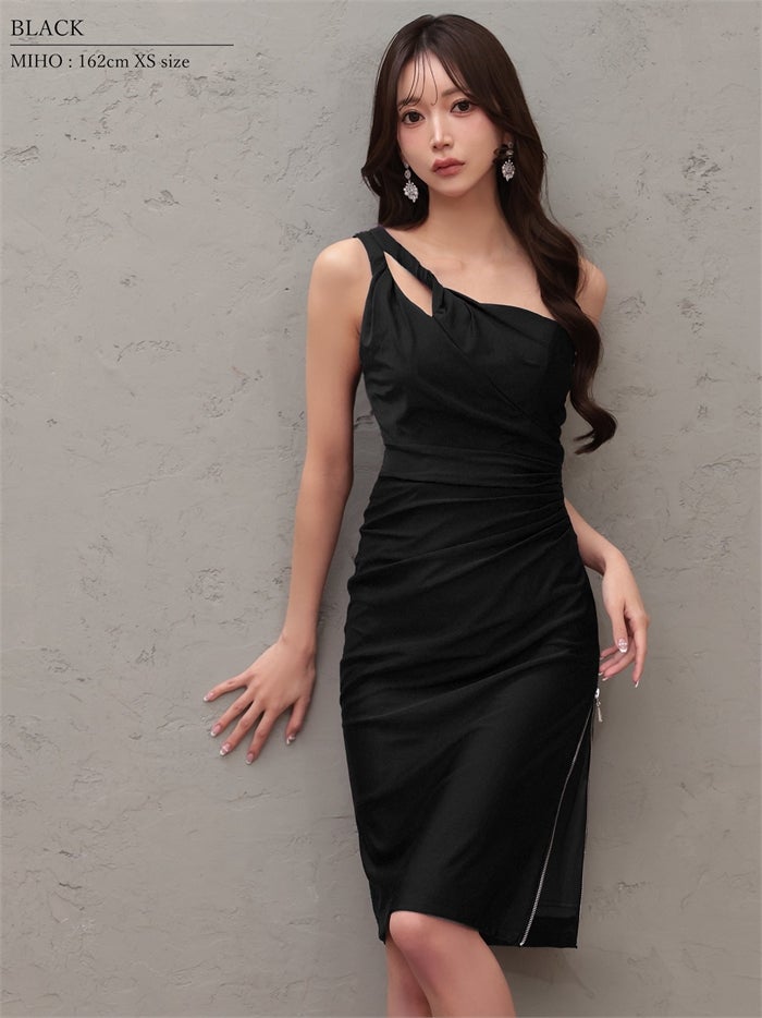 Veautt ヴュート ワンショルダー/ウエストタック/アシンメトリー/バイカラー/サイドファスナー/タイト/ミディアムドレス vt082603
