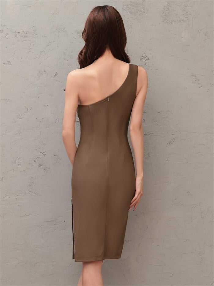 Veautt ヴュート ワンショルダー/ウエストタック/アシンメトリー/バイカラー/サイドファスナー/タイト/ミディアムドレス vt082603