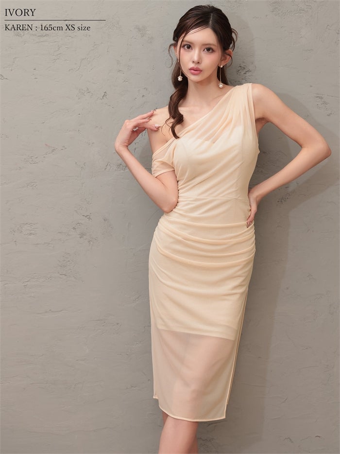 Veautt ヴュート ワンショルダー/シアー/メッシュ/スリット/タイト/ミディアムドレス vt082604