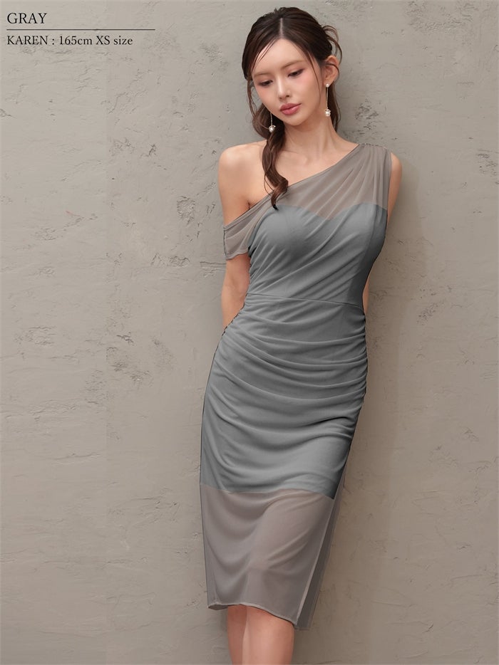 Veautt ヴュート ワンショルダー/シアー/メッシュ/スリット/タイト/ミディアムドレス vt082604