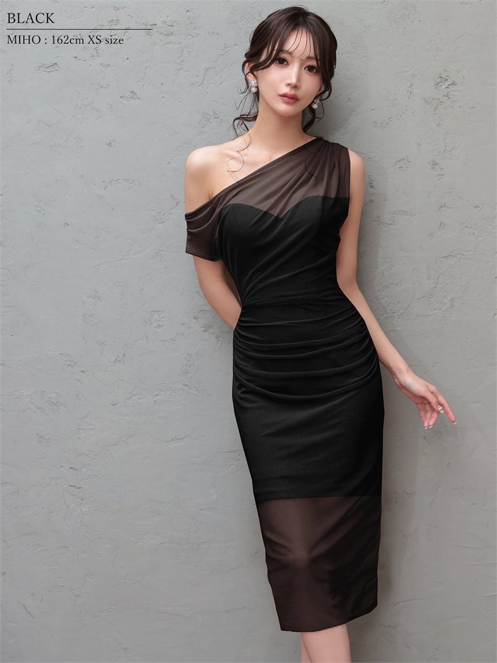 Veautt ヴュート ワンショルダー/シアー/メッシュ/スリット/タイト/ミディアムドレス vt082604