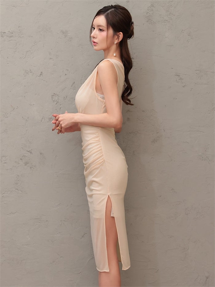 Veautt ヴュート ワンショルダー/シアー/メッシュ/スリット/タイト/ミディアムドレス vt082604