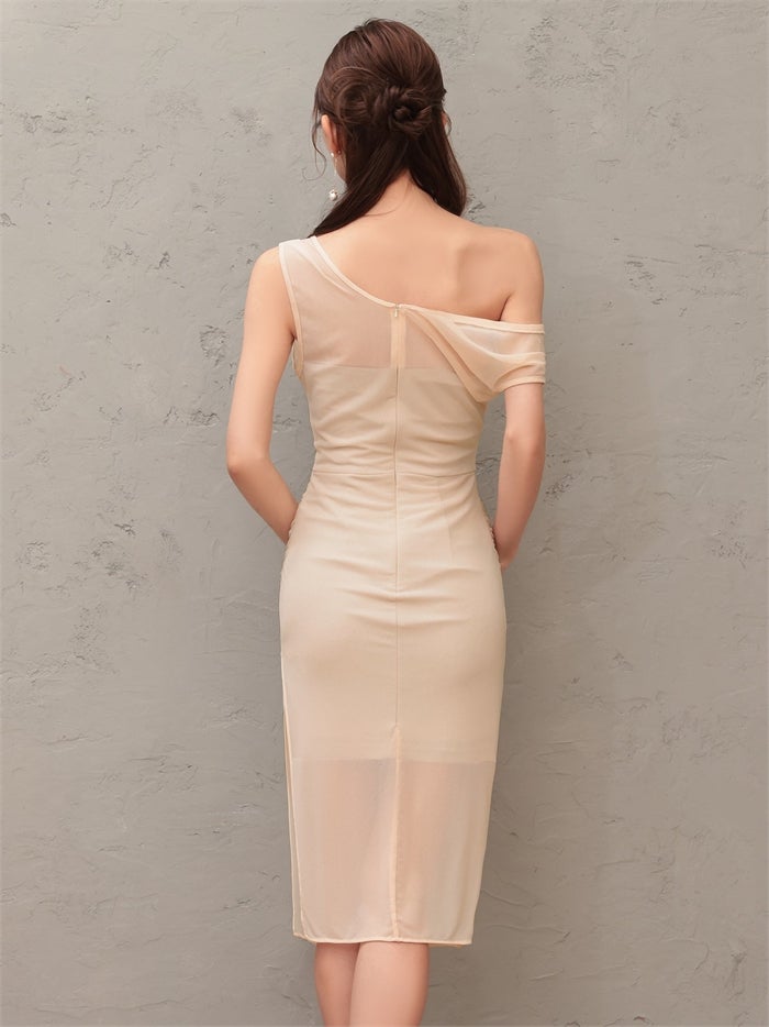 Veautt ヴュート ワンショルダー/シアー/メッシュ/スリット/タイト/ミディアムドレス vt082604