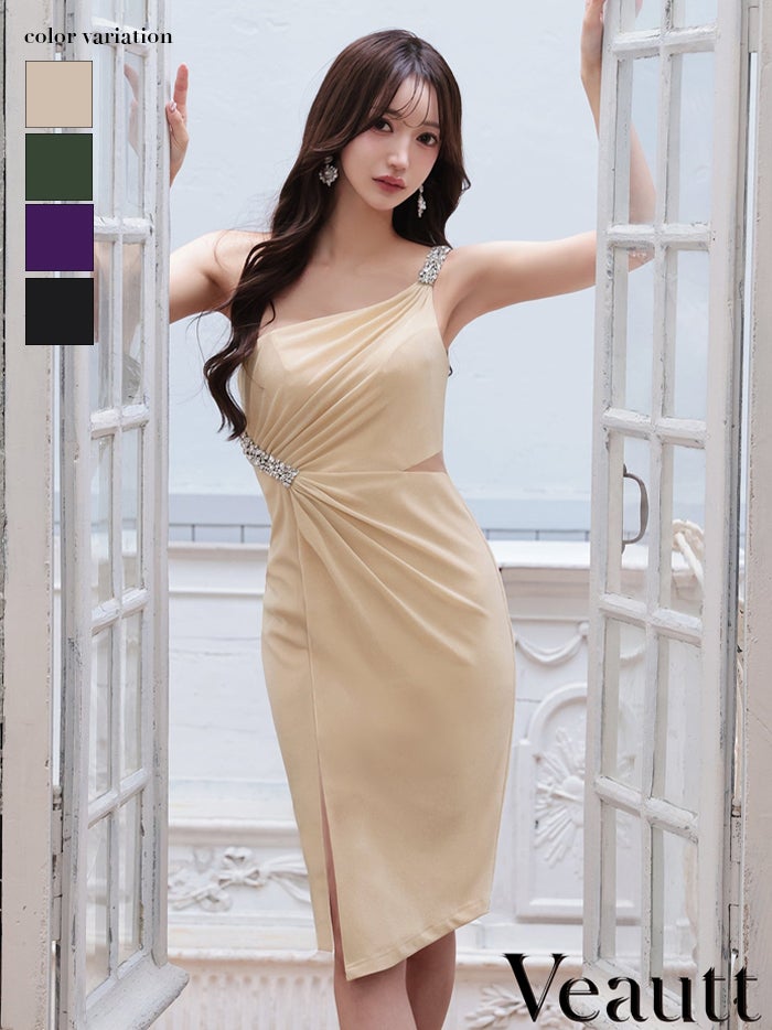 Veautt ヴュート ワンショルダー/ビジュー/ウエストカット/タック/スリット/タイト/ミディアムドレス vt032604