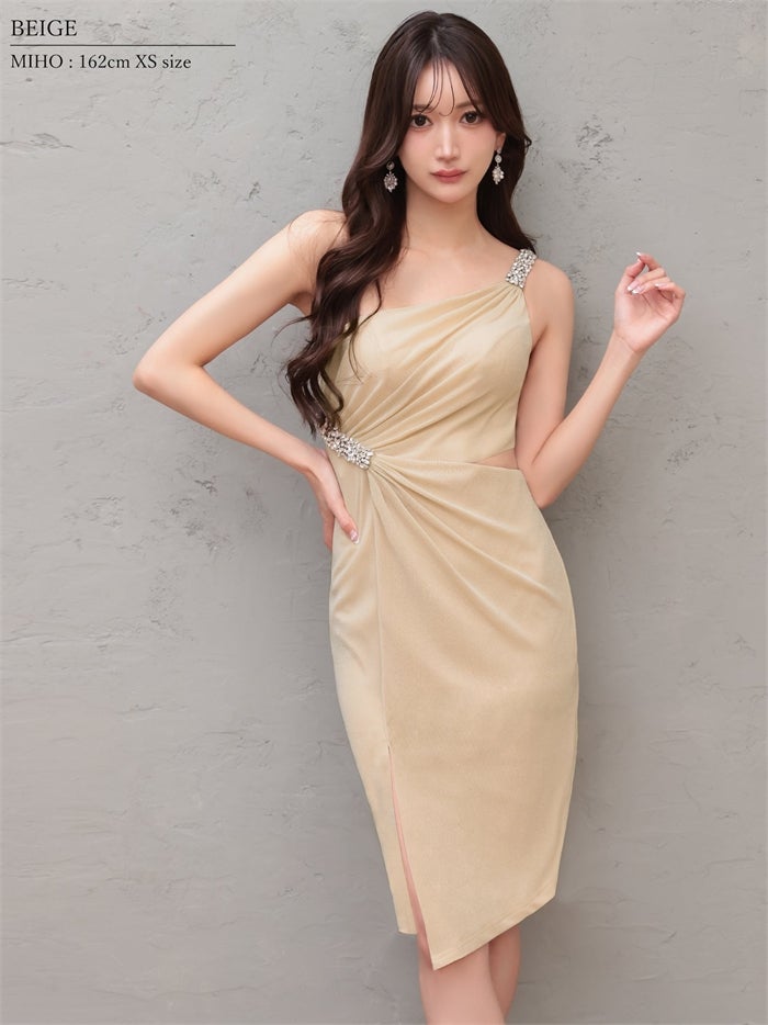Veautt ヴュート ワンショルダー/ビジュー/ウエストカット/タック/スリット/タイト/ミディアムドレス vt032604