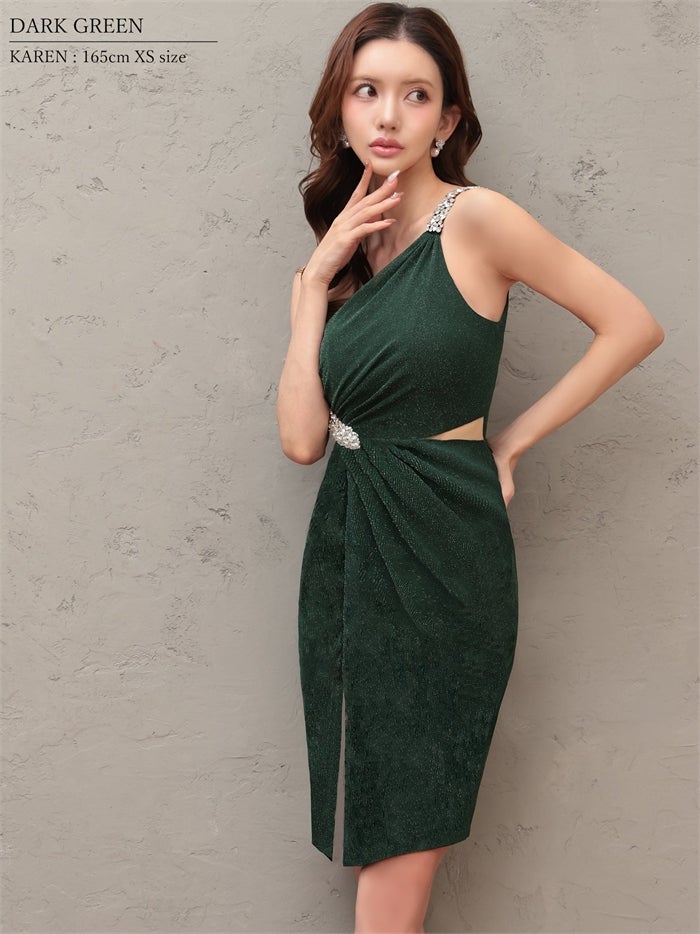 Veautt ヴュート ワンショルダー/ビジュー/ウエストカット/タック/スリット/タイト/ミディアムドレス vt032604