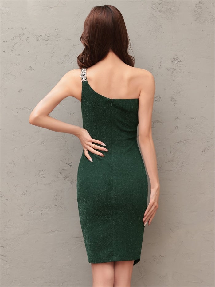 Veautt ヴュート ワンショルダー/ビジュー/ウエストカット/タック/スリット/タイト/ミディアムドレス vt032604