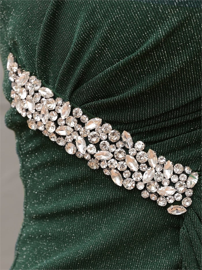 Veautt ヴュート ワンショルダー/ビジュー/ウエストカット/タック/スリット/タイト/ミディアムドレス vt032604