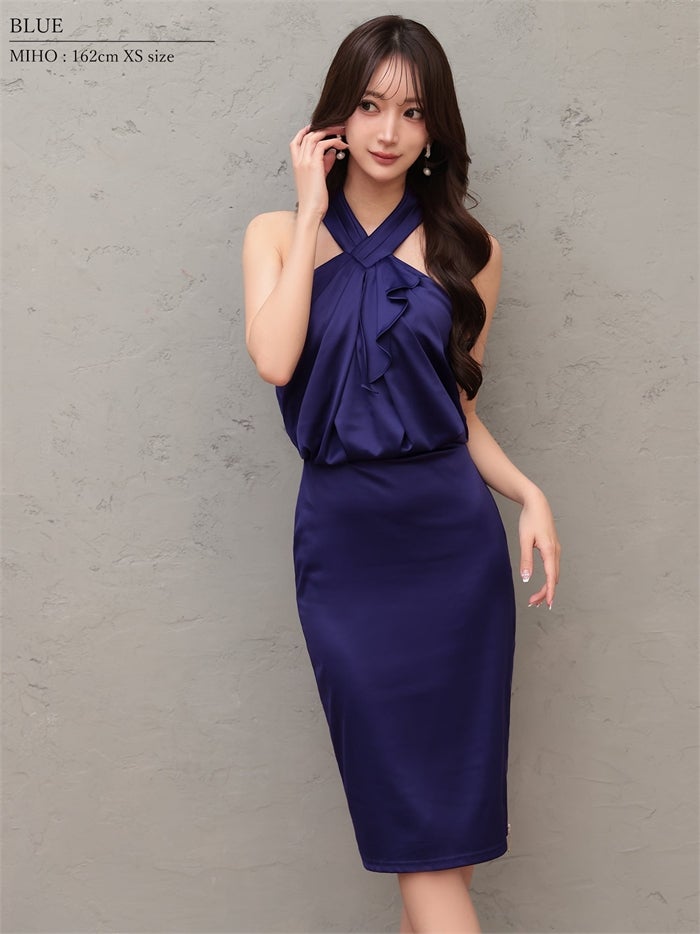 Veautt ヴュート クロスネック/フロントフリル/サテン/サイドファスナー/タイト/ミディアムドレス vt022604