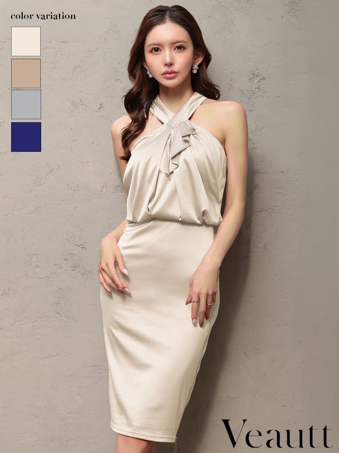 Veautt ヴュート クロスネック/フロントフリル/サテン/サイドファスナー/タイト/ミディアムドレス vt022604