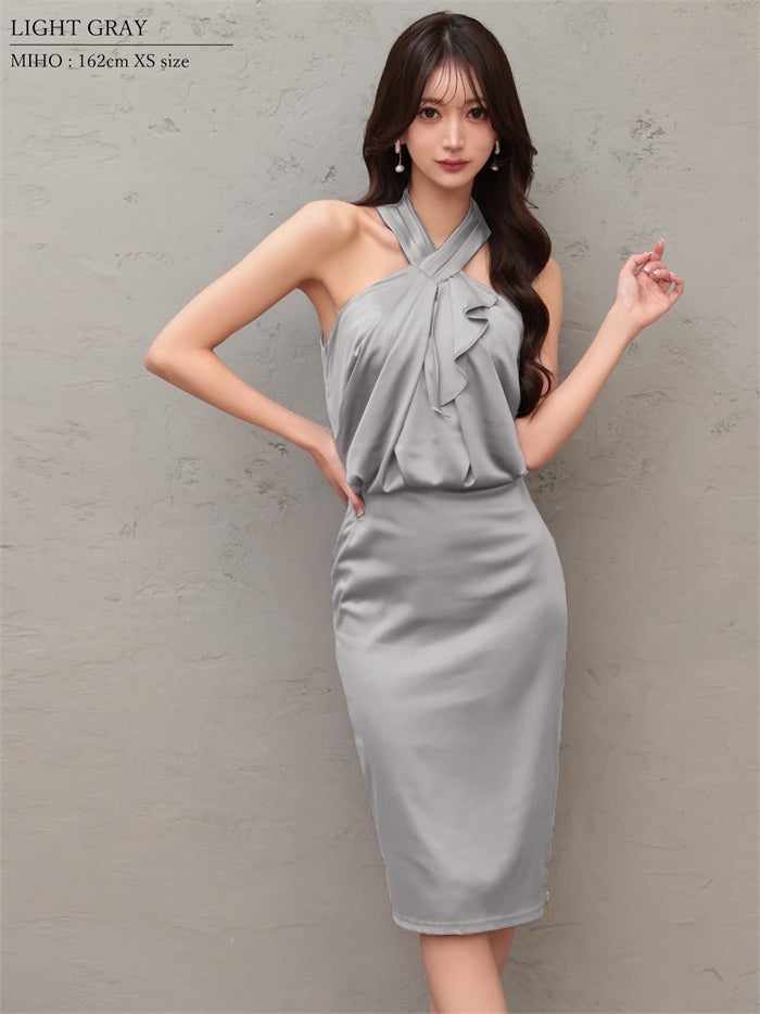 Veautt ヴュート クロスネック/フロントフリル/サテン/サイドファスナー/タイト/ミディアムドレス vt022604