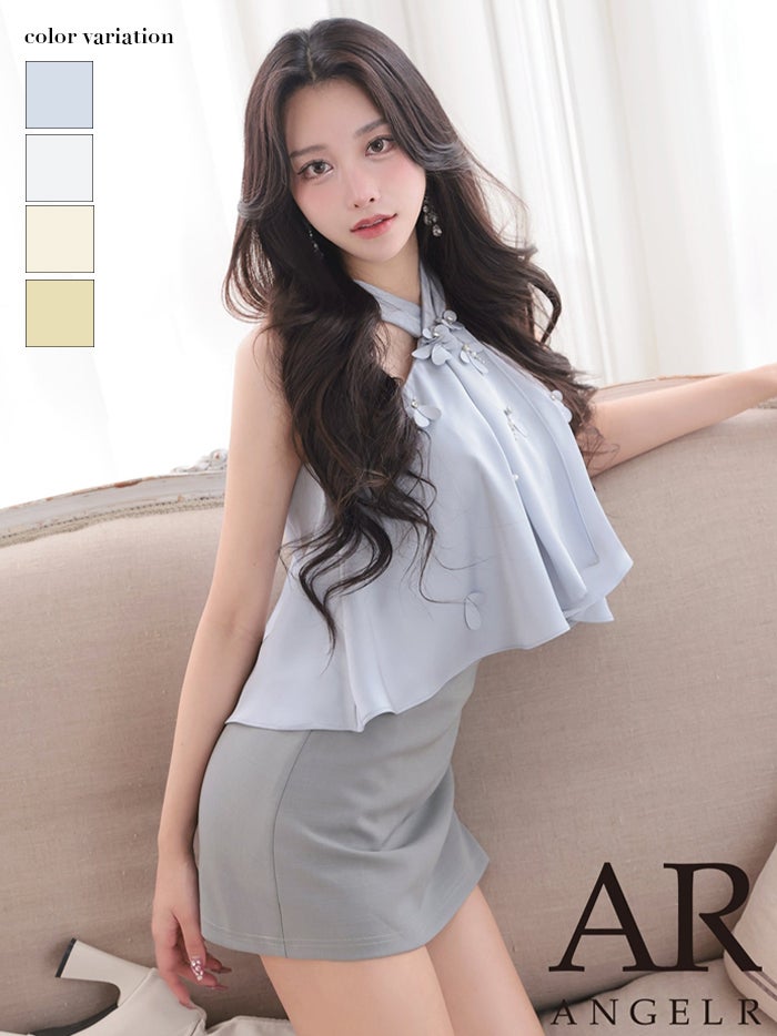 AngelR エンジェルアール クロスネック/フロントフリル/フラワー/バイカラー/セパレート/シフォン/フレア/マイクロミニドレス ar26817