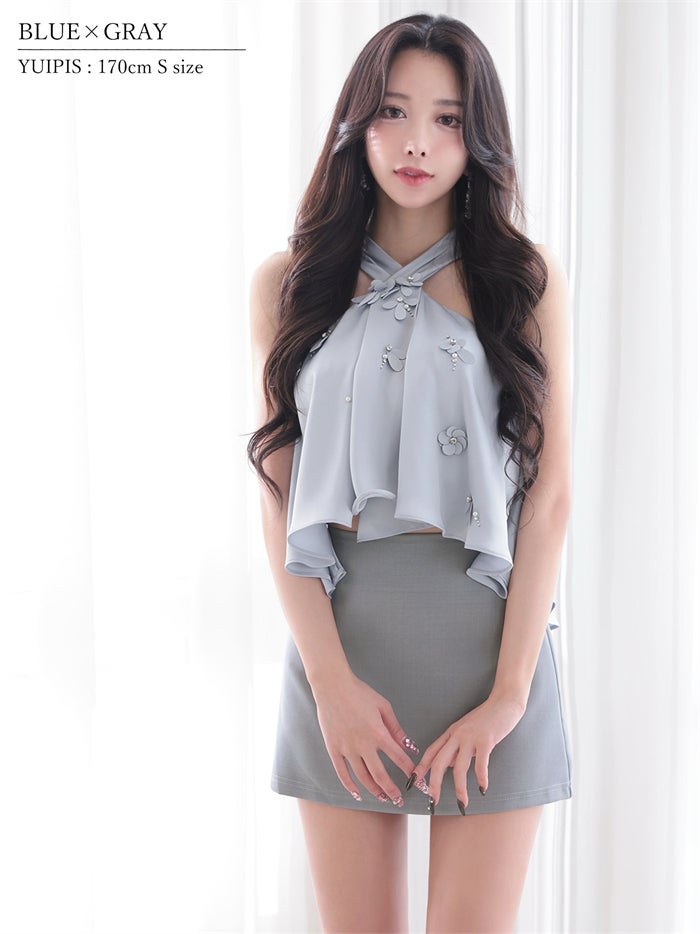 AngelR エンジェルアール クロスネック/フロントフリル/フラワー/バイカラー/セパレート/シフォン/フレア/マイクロミニドレス ar26817