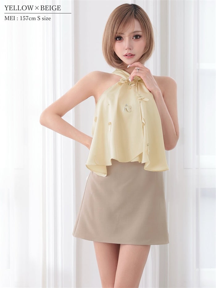 AngelR エンジェルアール クロスネック/フロントフリル/フラワー/バイカラー/セパレート/シフォン/フレア/マイクロミニドレス ar26817