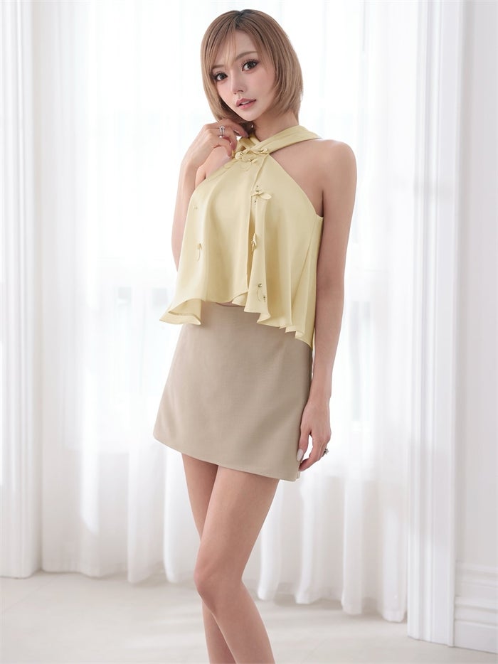 AngelR エンジェルアール クロスネック/フロントフリル/フラワー/バイカラー/セパレート/シフォン/フレア/マイクロミニドレス ar26817