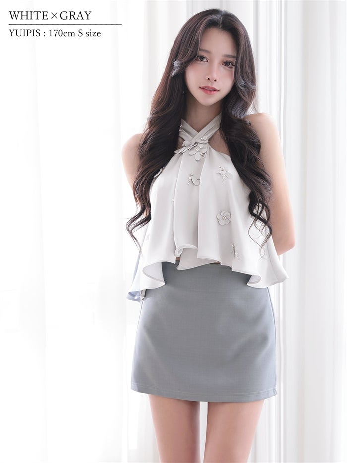 AngelR エンジェルアール クロスネック/フロントフリル/フラワー/バイカラー/セパレート/シフォン/フレア/マイクロミニドレス ar26817