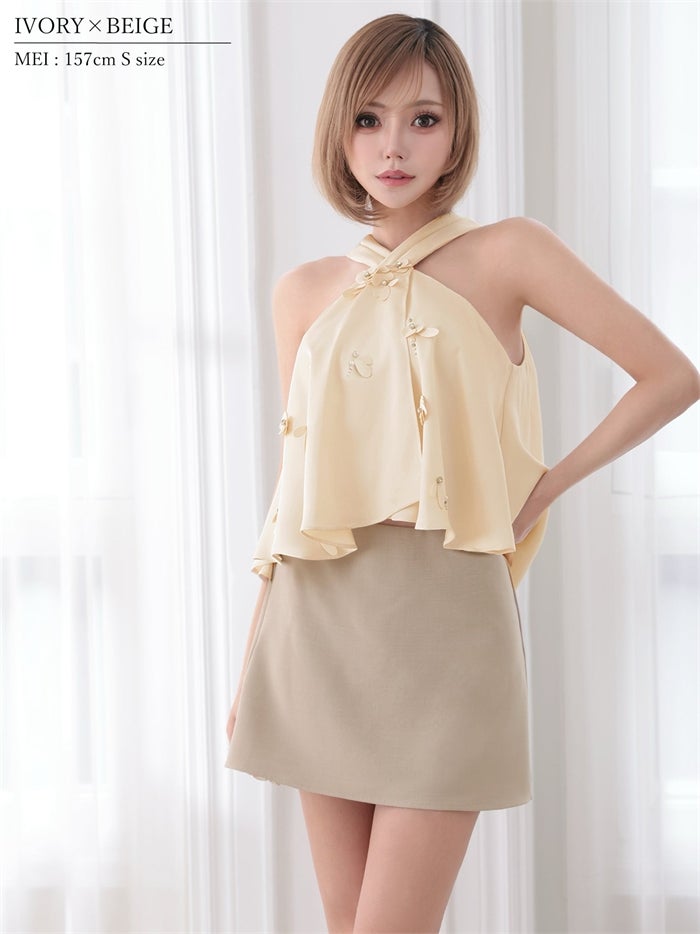 AngelR エンジェルアール クロスネック/フロントフリル/フラワー/バイカラー/セパレート/シフォン/フレア/マイクロミニドレス ar26817