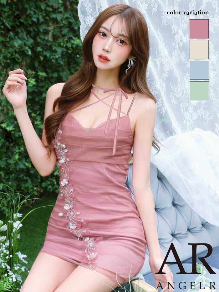 AngelR エンジェルアール ネッククロスデザイン/フラワー/ビジュー/メッシュ/アシンメトリー/ラメ/タイト/ミニドレス ar26209