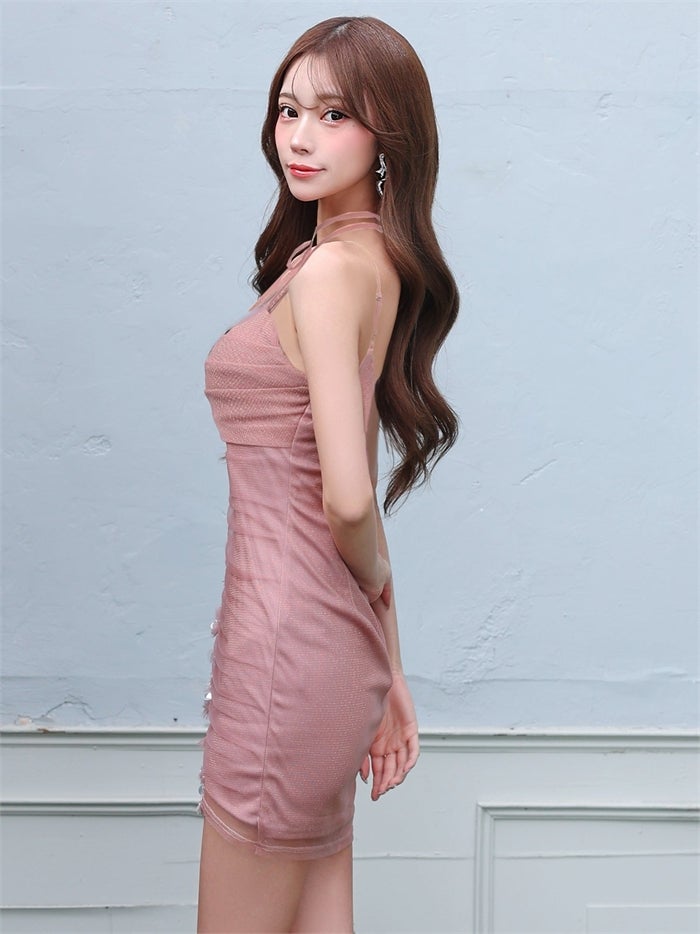 AngelR エンジェルアール ネッククロスデザイン/フラワー/ビジュー/メッシュ/アシンメトリー/ラメ/タイト/ミニドレス ar26209