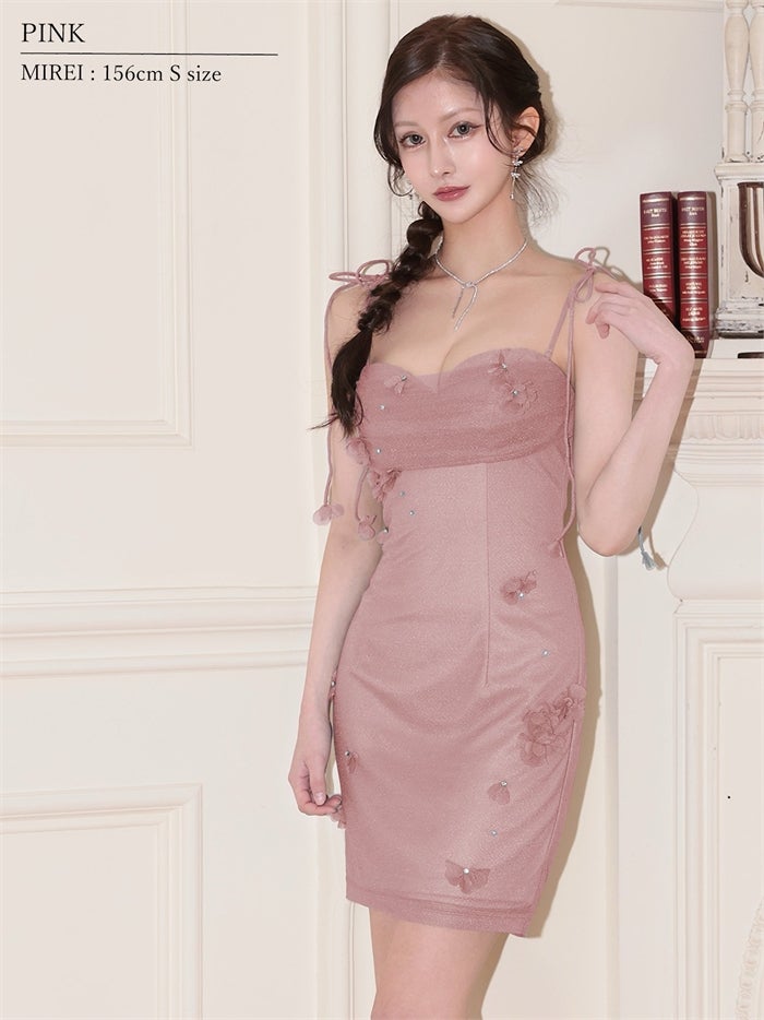 AngelR エンジェルアール ショルダーリボン/ベアトップ/フラワー/ビジュー/メッシュ/2way/タイトミニドレス ar26820