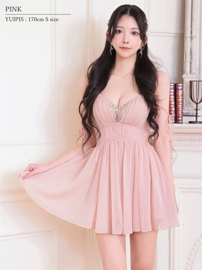 AngelR エンジェルアール Vカット/バストビジュー/シフォン/ショルダー/リボン/フレア/マイクロミニドレス ar26819