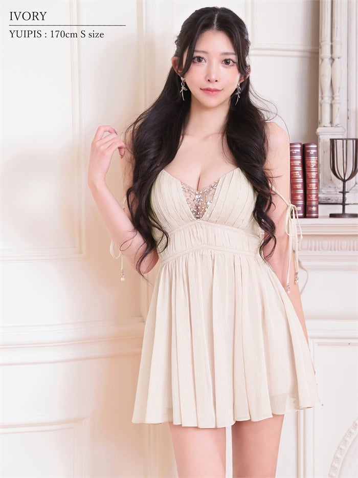 AngelR エンジェルアール Vカット/バストビジュー/シフォン/ショルダー/リボン/フレア/マイクロミニドレス ar26819