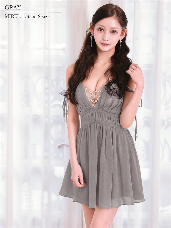 AngelR エンジェルアール Vカット/バストビジュー/シフォン/ショルダー/リボン/フレア/マイクロミニドレス ar26819