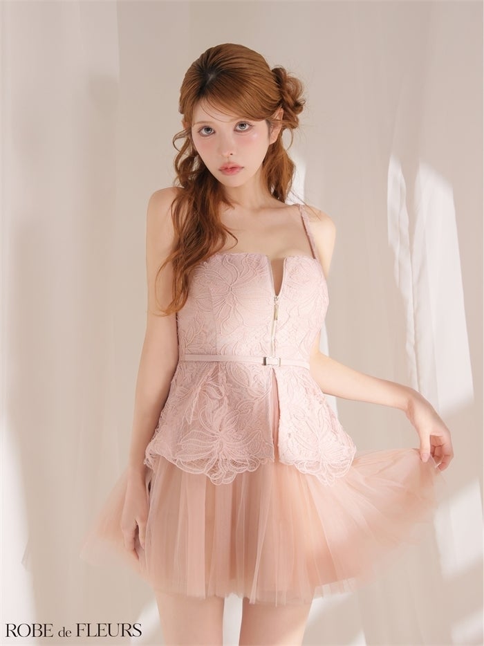 ROBE de FLEURS ローブドフルール 【XSサイズあり】フラワーレースぺプラムチュールドッキングミニキャバドレス fm3494-c