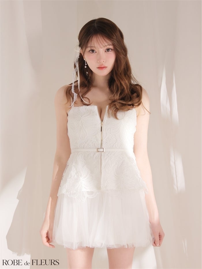 ROBE de FLEURS ローブドフルール 【XSサイズあり】フラワーレースぺプラムチュールドッキングミニキャバドレス fm3494-c