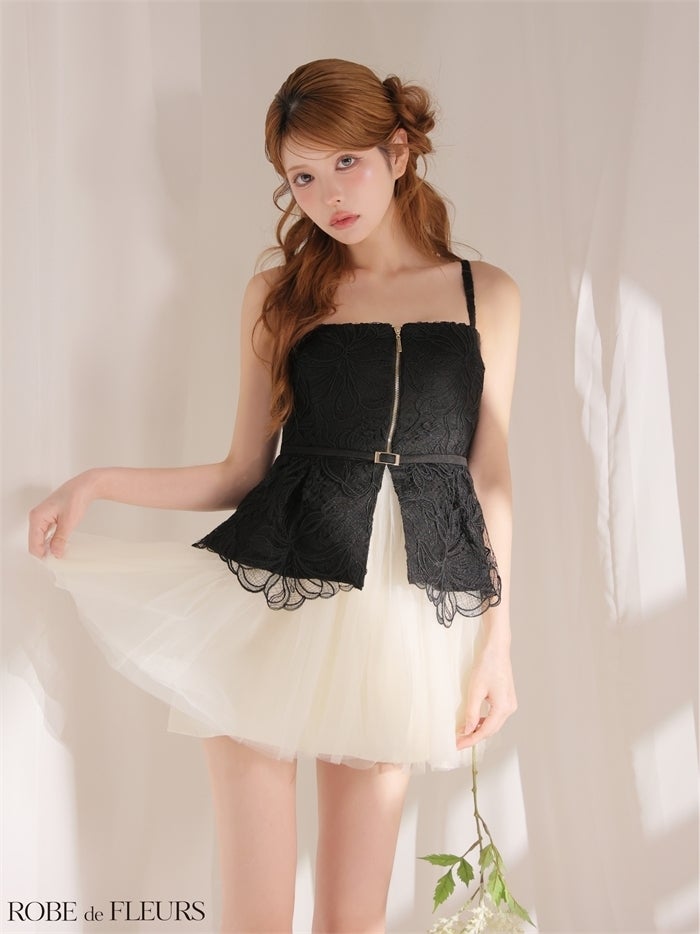 ROBE de FLEURS ローブドフルール 【XSサイズあり】フラワーレースぺプラムチュールドッキングミニキャバドレス fm3494-c