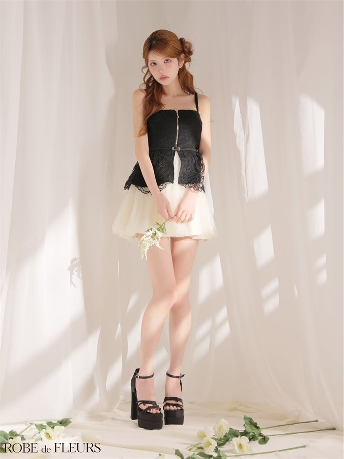 ROBE de FLEURS ローブドフルール 【XSサイズあり】フラワーレースぺプラムチュールドッキングミニキャバドレス fm3494-c