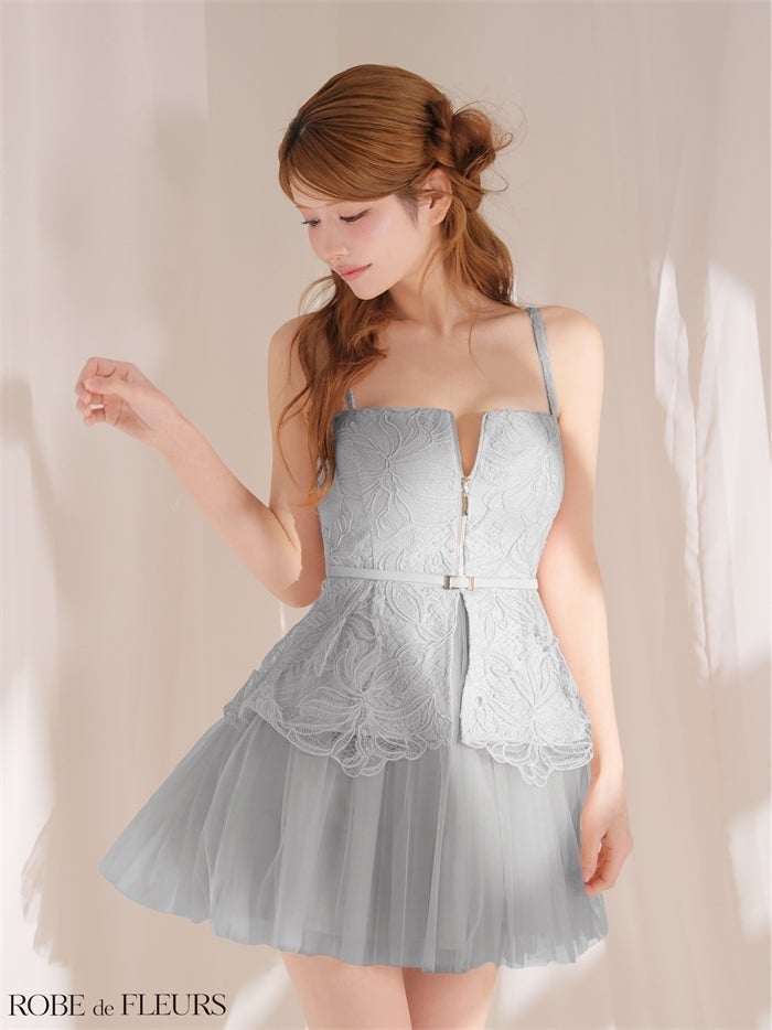 ROBE de FLEURS ローブドフルール 【XSサイズあり】フラワーレースぺプラムチュールドッキングミニキャバドレス fm3494-c