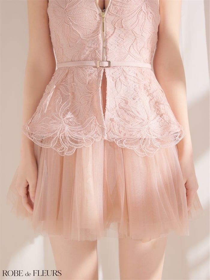 ROBE de FLEURS ローブドフルール 【XSサイズあり】フラワーレースぺプラムチュールドッキングミニキャバドレス fm3494-c