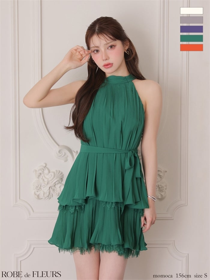 ROBE de FLEURS ローブドフルール 【XSサイズあり】 ホルターリボンレースプリーツミニキャバドレス fm4614-c