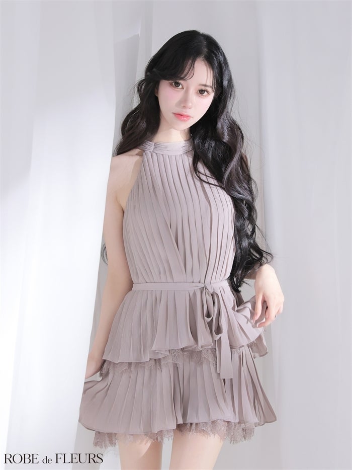 ROBE de FLEURS ローブドフルール 【XSサイズあり】 ホルターリボンレースプリーツミニキャバドレス fm4614-c