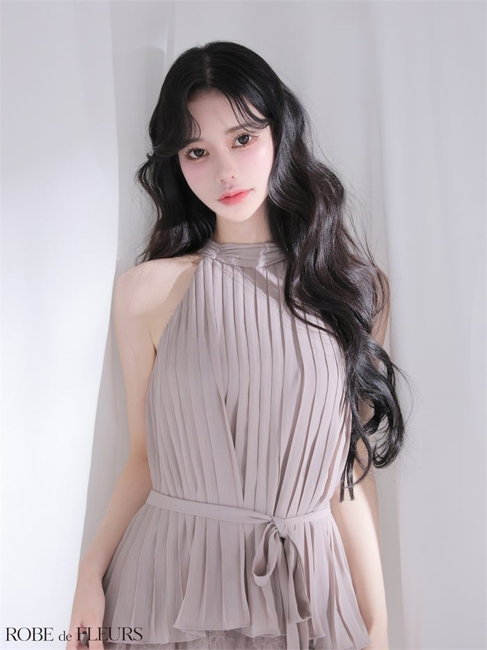 ROBE de FLEURS ローブドフルール 【XSサイズあり】 ホルターリボンレースプリーツミニキャバドレス fm4614-c