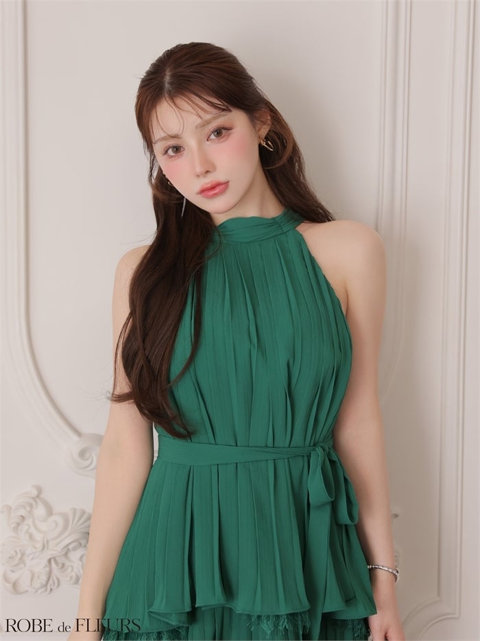 ROBE de FLEURS ローブドフルール 【XSサイズあり】 ホルターリボンレースプリーツミニキャバドレス fm4614-c