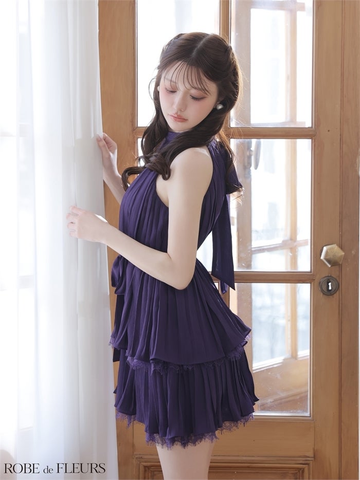 ROBE de FLEURS ローブドフルール 【XSサイズあり】 ホルターリボンレースプリーツミニキャバドレス fm4614-c