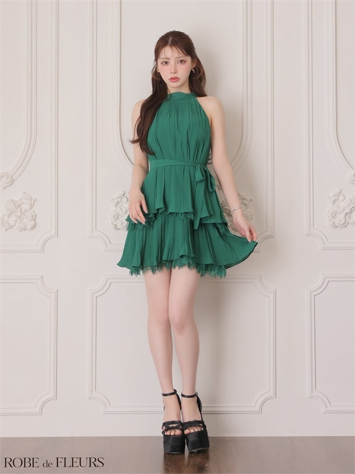 ROBE de FLEURS ローブドフルール 【XSサイズあり】 ホルターリボンレースプリーツミニキャバドレス fm4614-c