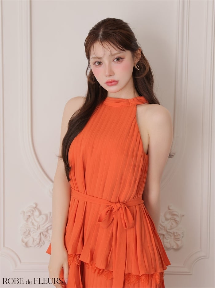 ROBE de FLEURS ローブドフルール 【XSサイズあり】 ホルターリボンレースプリーツミニキャバドレス fm4614-c