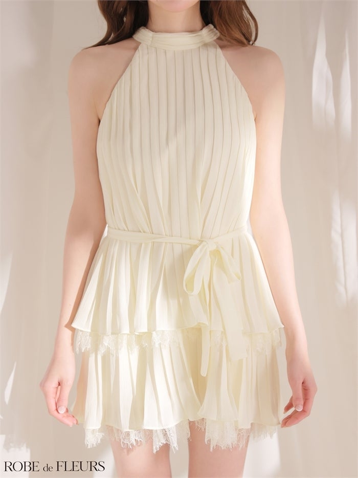 ROBE de FLEURS ローブドフルール 【XSサイズあり】 ホルターリボンレースプリーツミニキャバドレス fm4614-c