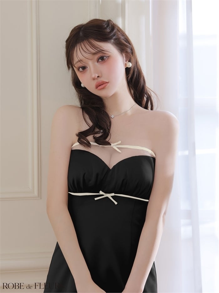 ROBE de FLEURS ローブドフルール 【XSサイズあり】サテンオーガンジーリボンベアミニキャバドレス fm4648